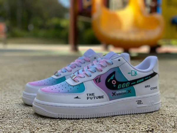 AF1 videojuego blanco violeta azul bajo versión personalizada de Nike Air Force 1 cyberpunk final del juego jugador número uno videojuego pixel zapatillas bajas blanco violeta azul hu6395-756