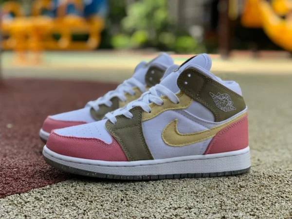 aj1mid blanco rosa marrón Air Jordan 1 Mid SE AJ1 arroz blanco retro zapatos de baloncesto antideslizantes DJ0338-100