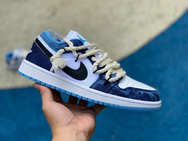 aj1 zapatos de baloncesto de mezclilla lavada con tiras Air Jordan 1 Low AJ1 blancos y azules de mezclilla lavada DM8947-100