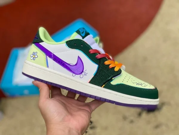 aj1 Charity White Green Purple Low Air Jordan 1 Low OG "Doernbecher" Charity zapatos de baloncesto retro de corte bajo, antideslizantes, resistentes al desgaste, para hombres y mujeres, el mismo estilo, verde, morado, FD9665-351