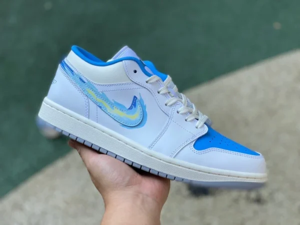 aj1 gancho pintado a mano blanco y azul puro original Air Jordan 1 Low AJ1 zapatos de baloncesto retro bajos blancos y azules FJ7219-441