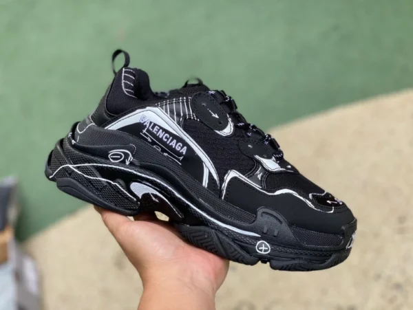 Balenciaga graffiti negro Balenciaga Balenciaga Triple S zapatos papá bajos de moda con cordones hombre negro bidimensional 536737W3SRB1090