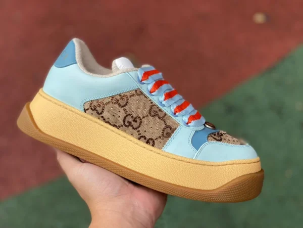 Gucci gordito de suela gruesa azul marrón puro original GUCCI Gucci Screener chubby cuero GG lona de suela gruesa con cordones zapatillas de moda para mujer