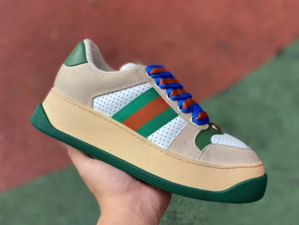 Gucci gordito arroz de suela gruesa gris verde azul puro original GUCCI Gucci Screener zapatillas de deporte de moda con cordones de lona GG de cuero gordito y suela gruesa