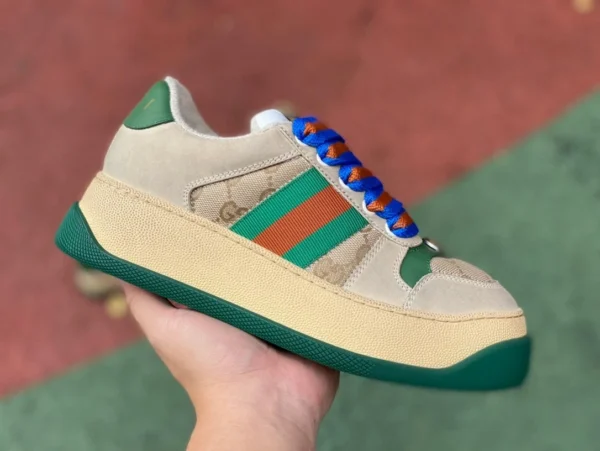 Gucci gordito de suela gruesa arroz gris verde puro original GUCCI Gucci Screener zapatillas de deporte de moda con cordones de lona GG de cuero gordito