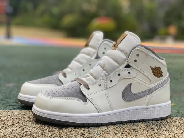 aj1Mid beige blanco gris puro original Air Jordan 1 Mid AJ1 zapatillas de baloncesto retro chinas con costuras de terciopelo para mujer zapatillas de deporte FB9899-100