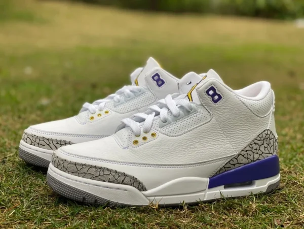 aj3 blanco gris púrpura Lakers t1 puro original Air Jordan 3 AJ3 blanco gris púrpura Lakers oro púrpura estallido patrón retro mid-top 869802-907