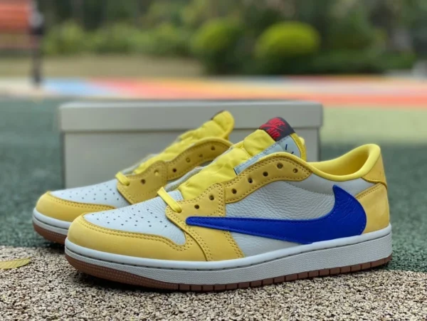 aj1 barb low-top edición especial en blanco, amarillo y azul producida por LJR Travis Scott x Air Jordan 1 Low “Canary” 8.0 barb low-top