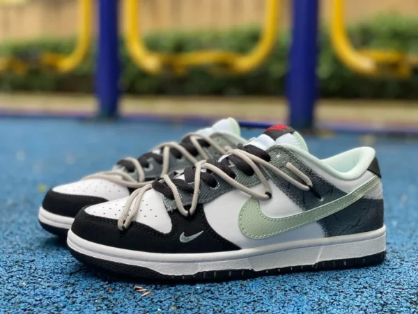 Correas Dunk en blanco y negro, verde, Nike Dunk Low 811, zapatillas de deporte de corte bajo fabricadas con patrón oscuro, estilo high street, deconstruidas, pintadas a mano, pintadas con aerosol, en blanco y negro, verde, DV0827-100