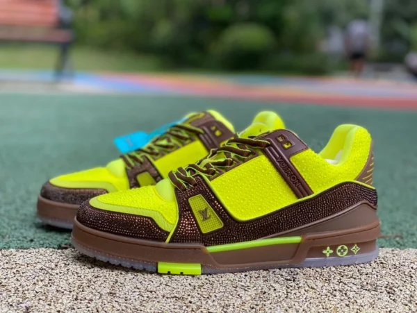 LV cristal fluorescente verde marrón puro original LOUIS VUITTON Trainer zapatillas de deporte de moda con cordones y cordones de cristal