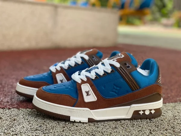 LV azul marrón G puro original LOUIS VUITTON Trainer zapatillas de deporte bajas de cuero con cordones