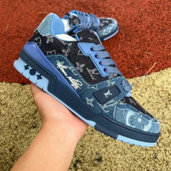 LV negro denim azul G puro original LOUIS VUITTON Trainer zapatillas bajas de cuero con cordones